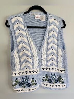 Bobbie Brooks Hand Knit Floral Sweater Vest M Cottagecore Grandmacore Folk